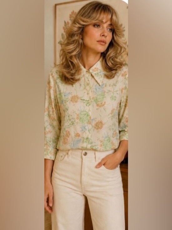 Tops - True 70s Vintage Floral Oversized Pointed Collar Polyester Long Sleeve Blouse